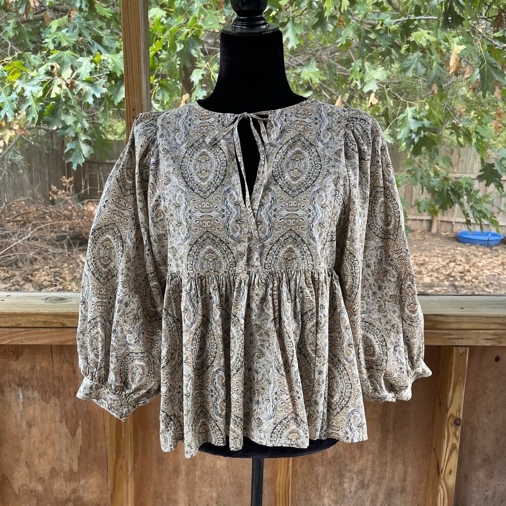 Banana Republic Women's Tan & White Printed Babydoll Boho Top Size SP